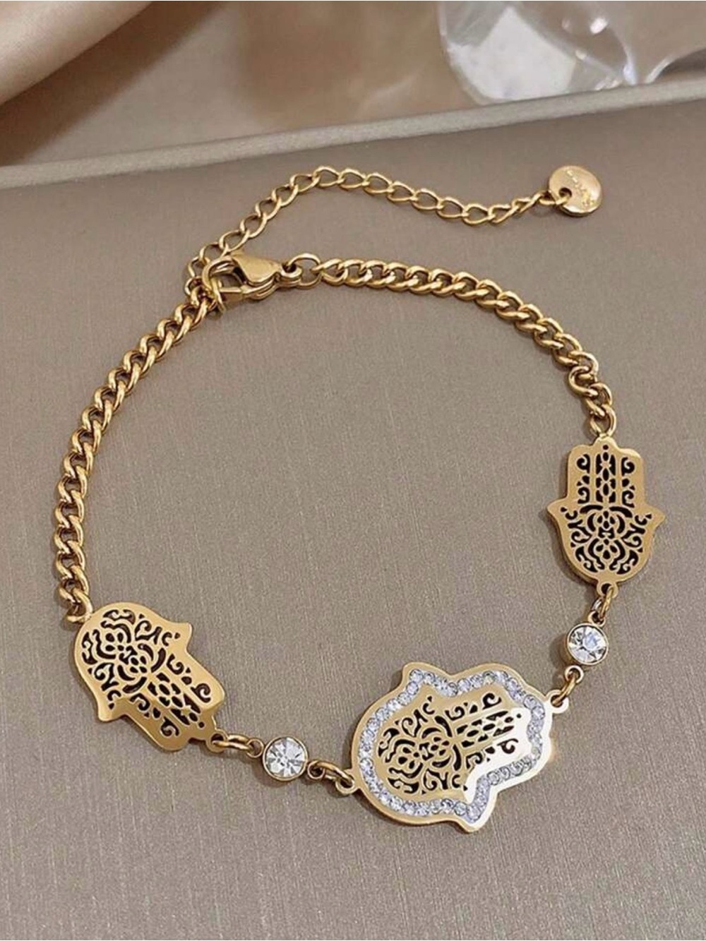 Gold Hamsa Hand Charm Bracelet with Crystal Accents